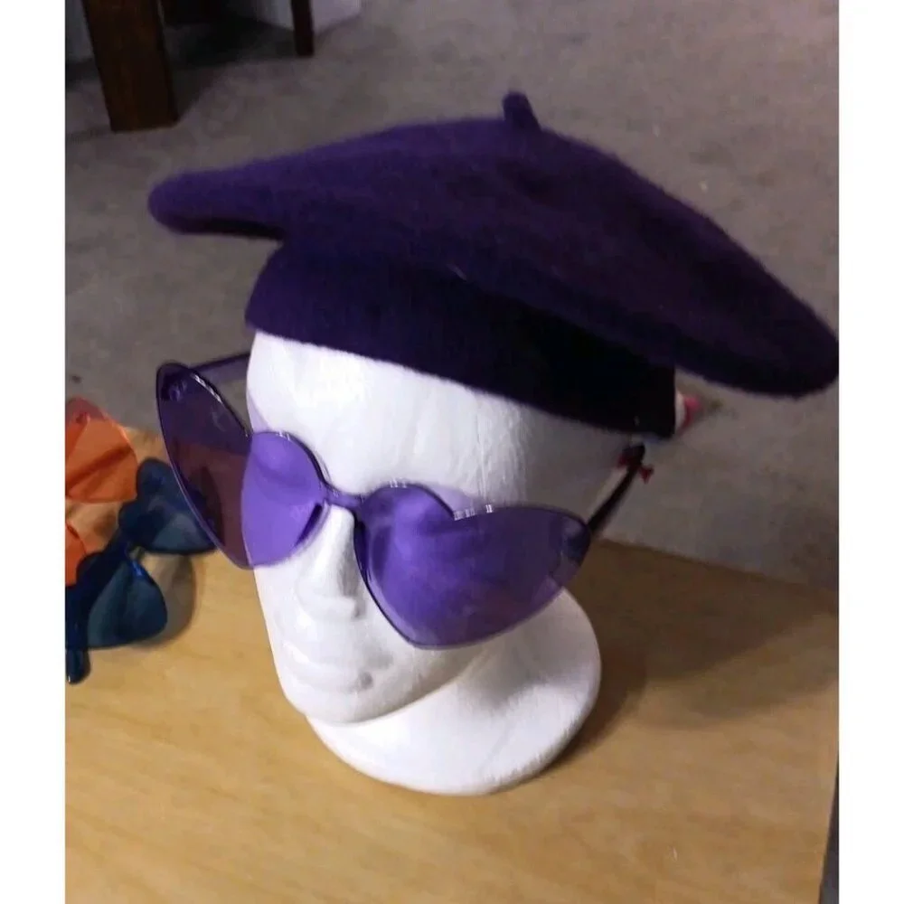 Purple Beret Wool Blend Hat One Size Matching Purple Heart Sunglasses-Decorative
